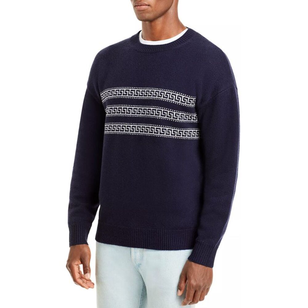 The Mens Store Wool & Cashmere Greek Key Stripe Crewneck Sweater S Navy NWT $148